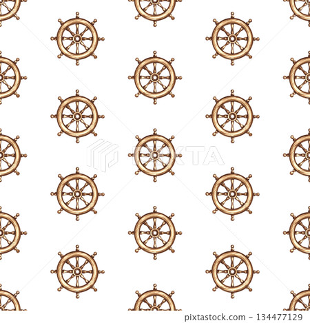 Seamless pattern with ship's wheels. Hand-drawn watercolor illustrations. Colorful image. For textiles, wrapping paper, packaging, backgrounds, and more. 134477129