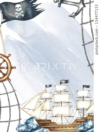 A pirate-themed frame. Hand-drawn watercolor illustration. A ship at sea, a steering wheel, an anchor, and a pirate flag. On a gray, watercolor background. For postcards, posters, flyers, and more. 134477133