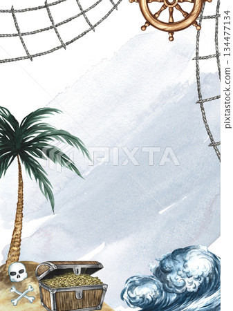 Treasure Island frame. Hand-drawn watercolor illustrations. Colorful image. An old chest with gold coins on an island under a palm tree. On a gray watercolor background. For postcards, posters, flyers 134477134