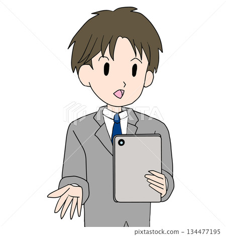 一位男性商務人士正在用平板電腦進行講解。 134477195