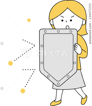 Monochrome woman guarding against viruses with a shield Monochrome woman guarding against viruses with a shield 134477253