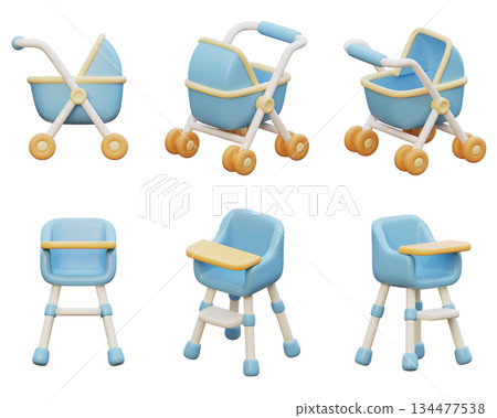 baby stroller and baby chair cartoon style 3D graphic 134477538