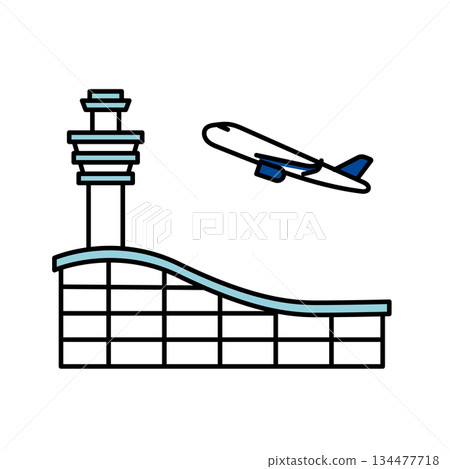 Stock Illustration: Illustration of an airplane taking off from an airport terminal and control tower 134477718