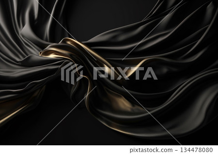 Black and gold matte wind blowing flying silk clothe background. Generative AI 134478080