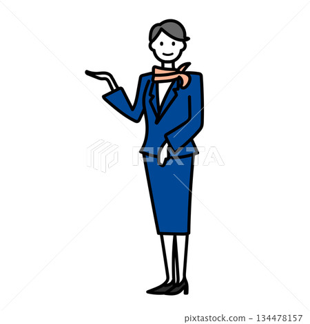 插圖：一張簡單的插圖，描繪了一位女工作人員在機場講解指示。 134478157