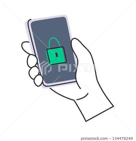 Flat cartoon vector illustration of hand holding smartphone with lock icon on screen, digital security concept, data protection and safe access, modern style for apps, privacy and technology projects Flat cartoon vector illustration of hand holding smartphone with lock icon on screen, digital security concept, data protection and safe access, modern style for apps, privacy and technology projects 134478249