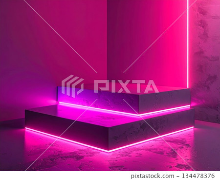 Modern Stage With Pink Neon Lights and Concrete Texture In Dim Lighting 134478376