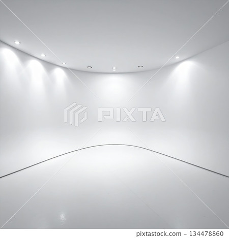 Empty White Cyclorama Studio With Recessed Ceiling Lights And Seamless Floor 134478860