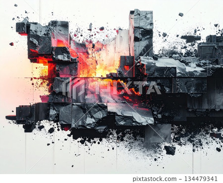 Abstract Architectural Deconstruction with Fiery Core and Grayscale Cubes Against White Background 134479341