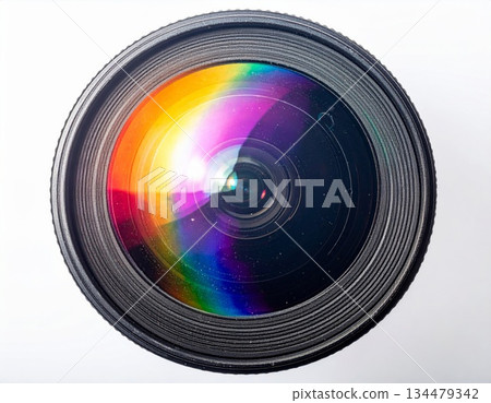 Close up of a camera lens with rainbow light reflections and black exterior 134479342