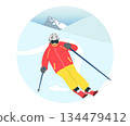 Skier sliding down a snowy mountain 134479412