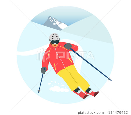 Skier sliding down a snowy mountain 134479412