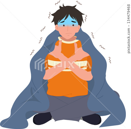 mental health anxiety depression concept. young adult experiencing anxiety and depression sitting on the floor indoors, wrapped in a blanket to feel safe 134479468