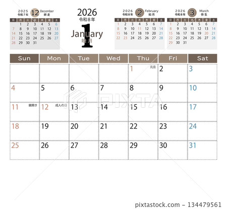 2026 年橫版台歷,包含上個月、下個月和下個月的日期,以及假日和季節性活動(一月)。 2026 年橫版台歷,包含上個月、下個月和下個月的日期,以及假日和季節性活動(一月)。 134479561