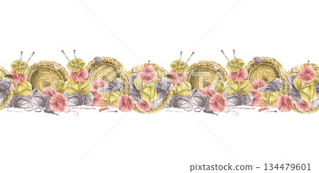 Balls of yarn, threads with knitted basket and knitting needles watercolor seamless border. Realistic hand drawn illustration. Label for hobby handicrafts product. Pattern isolated from background Balls of yarn, threads with knitted basket and knitting needles watercolor seamless border. Realistic hand drawn illustration. Label for hobby handicrafts product. Pattern isolated from background 134479601