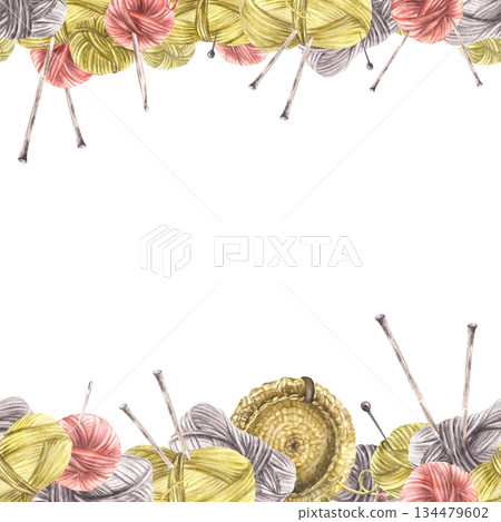 Balls of yarn, threads, knitted basket seamless frame border. Watercolor hand drawn illustration. Realistic painted skeins of string with knitting needles hobby label template isolated from background Balls of yarn, threads, knitted basket seamless frame border. Watercolor hand drawn illustration. Realistic painted skeins of string with knitting needles hobby label template isolated from background 134479602