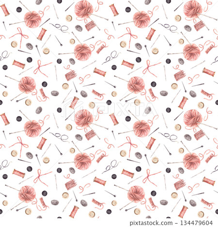 Watercolor buttons, yarn ball with knitting needles, thread spool and sewing pins seamless pattern. Needlework handicrafts hobby fabric, wallpaper. Hand drawn illustration on isolated white background 134479604