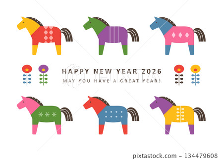 2026 Year of the Horse New Year's card design: A cute New Year's card featuring six colorfully patterned horses 134479608