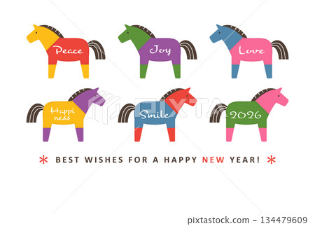 2026年馬年新年賀卡設計:一張可愛的年卡,上面有六匹色彩鮮豔的馬和文字。 2026年馬年新年賀卡設計:一張可愛的年卡,上面有六匹色彩鮮豔的馬和文字。 134479609