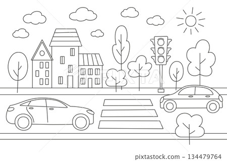 Black and white flat vector illustration of city street scene for coloring book, road with cars, pedestrian crossing, traffic light, buildings and trees, cartoon urban landscape, children activity 134479764