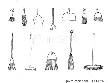 Broom and dustpan hand drawn illustration set 134479768