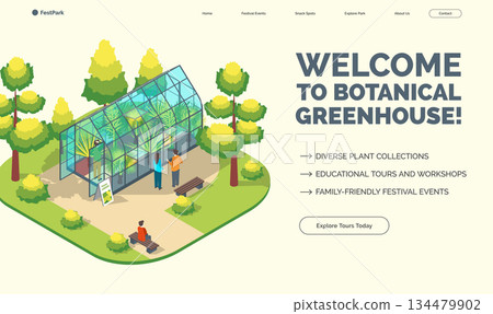 Cartoon Color Welcome to Botanical Greenhouse Summer Park and Fest Concept Banner 3d Isometric View. Vector illustration 134479902