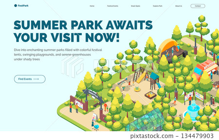 Cartoon Color Summer Park Awaits Your Visit Now Fest Concept Banner 3d Isometric View. Vector illustration Cartoon Color Summer Park Awaits Your Visit Now Fest Concept Banner 3d Isometric View. Vector illustration 134479903