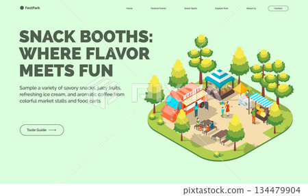 Cartoon Color Snack Booth Summer Park and Fest Concept Banner 3d Isometric View. Vector illustration of Street Food Cart 134479904