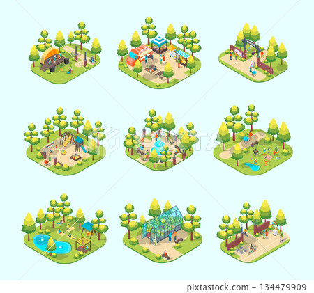 Cartoon Summer Park and Fest Concept Arch Entrance, Pond Retreat, Snack Booth, Central Fountain and Cycling Path 3d Isometric View. Vector illustration 134479909
