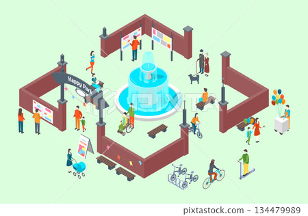 Cartoon Color Summer Park and Fest Concept Arch Entrance, Central Fountain Objects and Different Characters 3d Isometric View. Vector illustration Cartoon Color Summer Park and Fest Concept Arch Entrance, Central Fountain Objects and Different Characters 3d Isometric View. Vector illustration 134479989