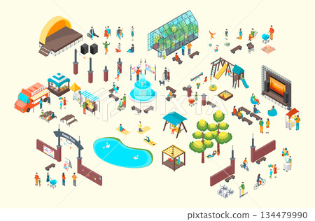 Cartoon Color Summer Park and Fest Concept Different Architectural Objects and Character People 3d Isometric View. Vector illustration Cartoon Color Summer Park and Fest Concept Different Architectural Objects and Character People 3d Isometric View. Vector illustration 134479990
