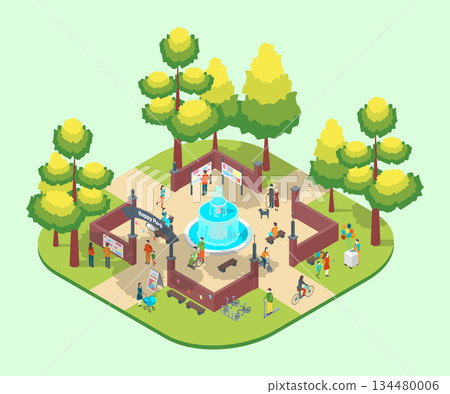 Cartoon Color Summer Park and Fest Concept Arch Entrance, Central Fountain Objects and Different Characters on a Landscape 3d Isometric View. Vector illustration 134480006