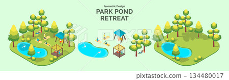 Cartoon Color Summer Park and Fest Concept Pond Retreat with Separate Set 3d Isometric View. Vector illustration 134480017