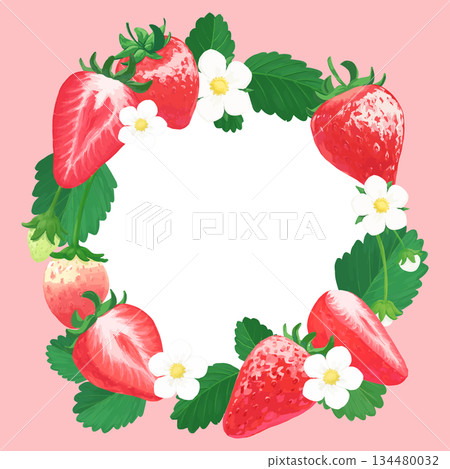 Hand-drawn strawberry illustration _ round frame _ outer pink background Hand-drawn strawberry illustration _ round frame _ outer pink background 134480032