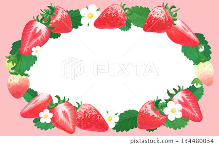 手繪草莓插圖_橢圓形邊框_粉紅色外背景 134480034