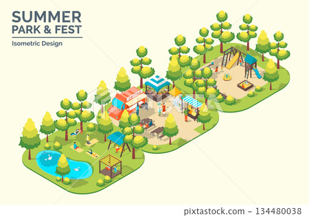 Cartoon Color Summer Park and Fest Concept Kid Playground, Pond Retreat and Snack Booth Elements 3d Isometric View. Vector illustration Cartoon Color Summer Park and Fest Concept Kid Playground, Pond Retreat and Snack Booth Elements 3d Isometric View. Vector illustration 134480038