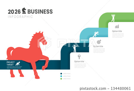 2026 Year of the Horse Business Growth Strategy Concept, 3 Steps Timeline template. 134480061