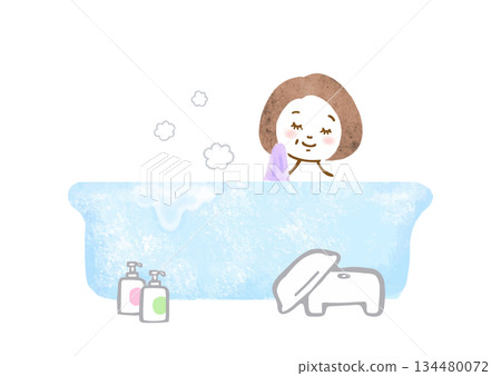 Hand-drawn illustration of an elderly woman taking a bath 134480072