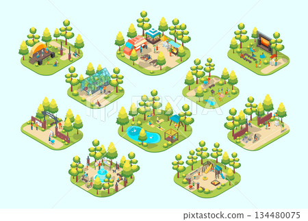 Cartoon Color Summer Park and Fest Concept Different Scenes and Character People 3d Isometric View. Vector illustration 134480075