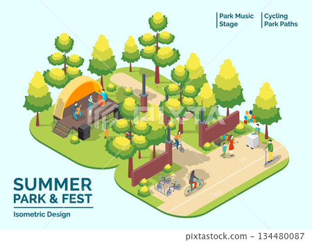 Cartoon Color Summer Park and Fest Concept Cycling Path and Music Stage Elements 3d Isometric View. Vector illustration Cartoon Color Summer Park and Fest Concept Cycling Path and Music Stage Elements 3d Isometric View. Vector illustration 134480087