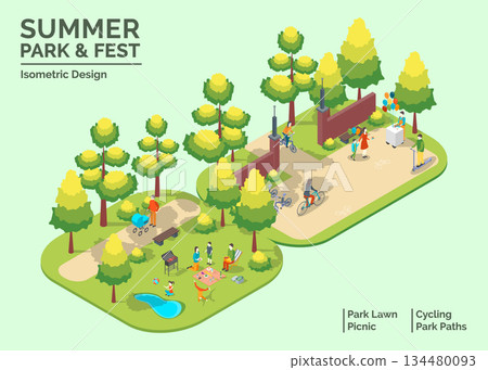 Cartoon Color Summer Park and Fest Concept Cycling Path and Picnic Elements 3d Isometric View. Vector illustration 134480093