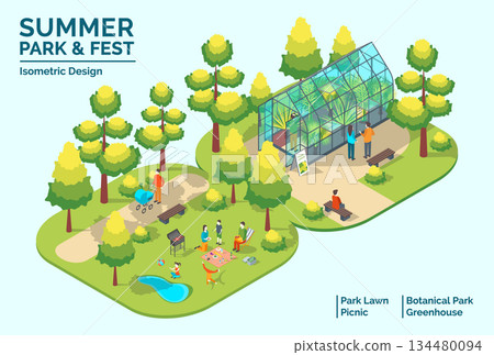 Cartoon Color Summer Park and Fest Concept Glass Greenhouse with Plants and Picnic Elements 3d Isometric View. Vector illustration 134480094