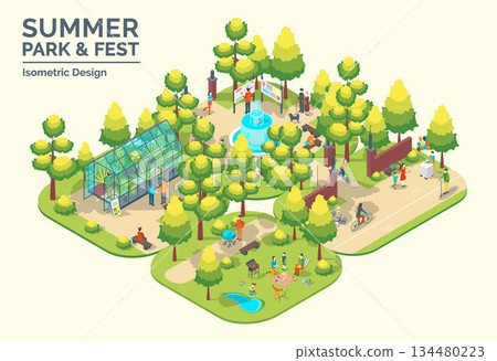 Cartoon Color Summer Park and Fest Concept Glass Greenhouse, Central Fountain, Picnic and Cycling Path 3d Isometric View. Vector illustration Cartoon Color Summer Park and Fest Concept Glass Greenhouse, Central Fountain, Picnic and Cycling Path 3d Isometric View. Vector illustration 134480223