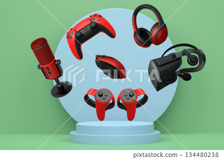Assorted gaming gadgets like controllers, VR headset, mouse, and mic floating above circular podium and white platform Assorted gaming gadgets like controllers, VR headset, mouse, and mic floating above circular podium and white platform 134480238