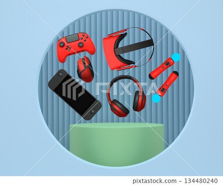 Collection of gaming gadgets like controllers, VR glasses and headphones over podium on abstract pastel background 134480240