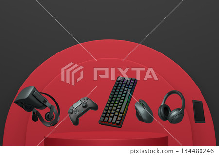 Gaming controllers, keyboard, headset, VR gear, and mouse floating above podium, digital art style, with abstract backdrop 134480246
