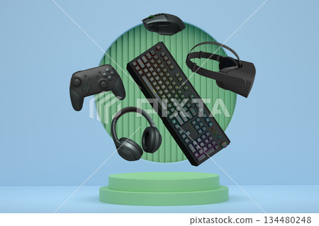 Gaming controllers, keyboard, headset, VR gear, and mouse floating above podium, digital art style, with abstract backdrop 134480248