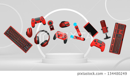 Multiple gaming devices and accessories floating above podium against abstract background, concept of modern gaming tech Multiple gaming devices and accessories floating above podium against abstract background, concept of modern gaming tech 134480249