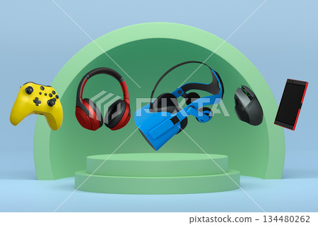 Collection of gaming gadgets like controllers, VR glasses, phone and headphones over podium on abstract pastel background 134480262