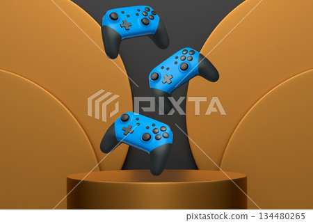 Colorful gaming controllers joystick levitating over podium against abstract background, minimalist concept device on pedestal 134480265